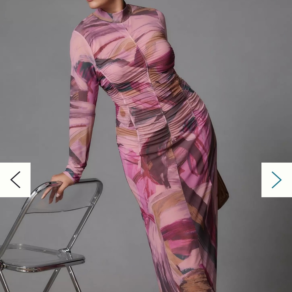 Anthropologie Pink and Purple Ruched Bodycon Dress with Long Bishop Sleeves